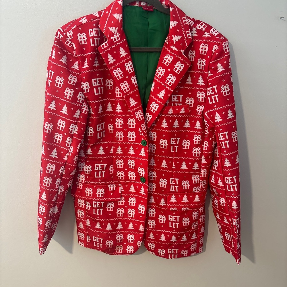 Festive Red Blazer with Holiday Print